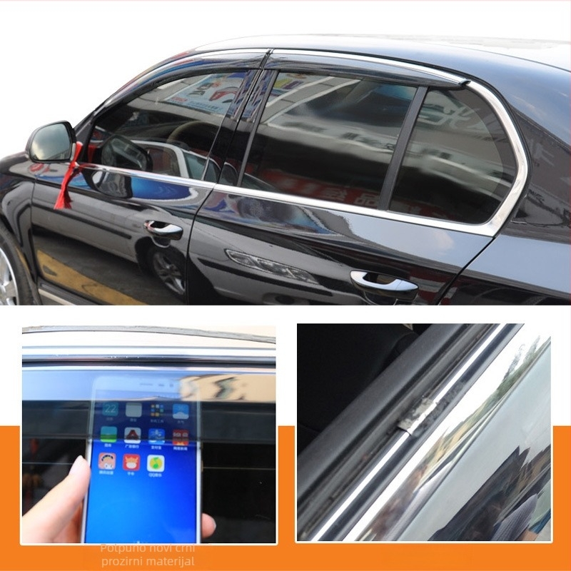 Rain Eyebrow za prozor za Skoda 2009-2013 Superb/Haorui – debelo injekcijski oblikovan štitnik, materijal: akrilna traka/PC s nehrđajućom čeličnom sjajnom trakom, ugradnja kuka-ljepljivo, paket 4 komada