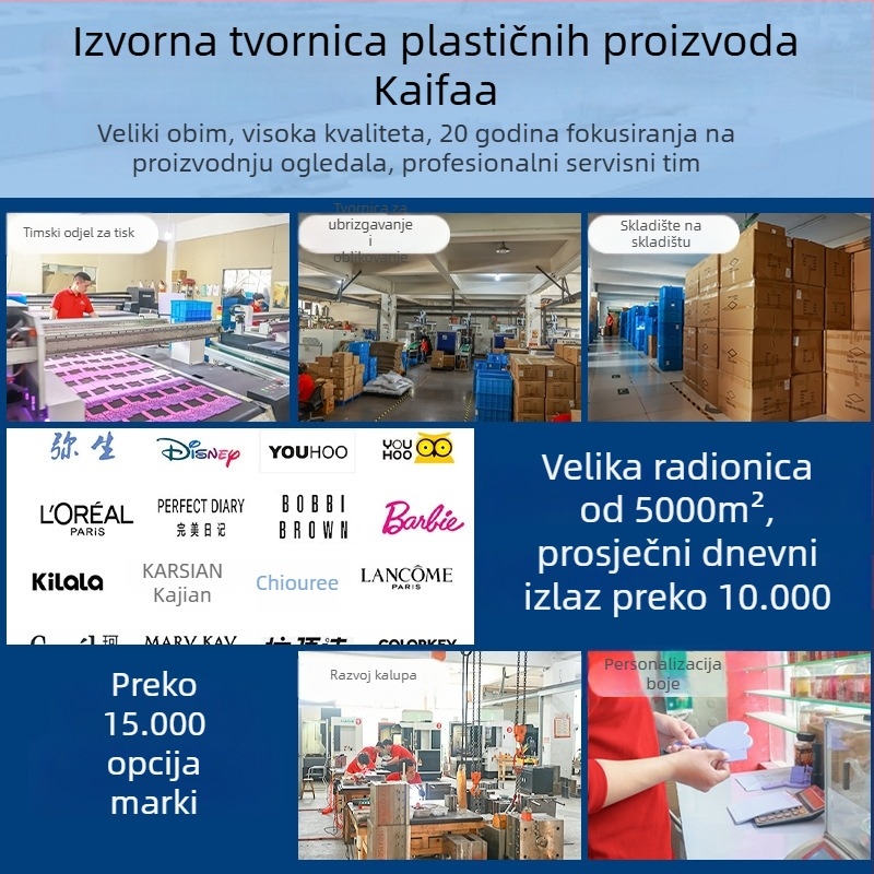 Dvostrano sklopivo ogledalo za šminkanje – prijenosni ABS okvir, aluminijsko ogledalo, ispis logotipa, mogućnost prilagodbe