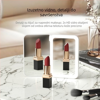 Ručni ogledalo za šminku s LED trobojnim osvjetljenjem, magnetski prekidač, 2× povećanje, aluminijsko ogledalo