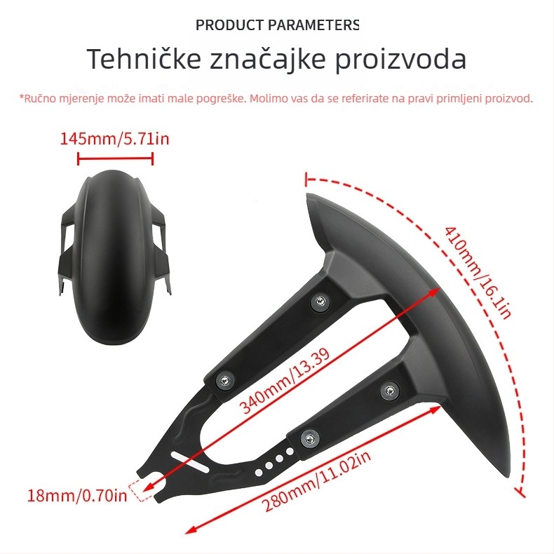 Zadnji blatnik za motocikl JBL; Materijal PP + metalna potpora; Model: Opći blatnik za motocikl (B); pogodno za gume bez brazdi