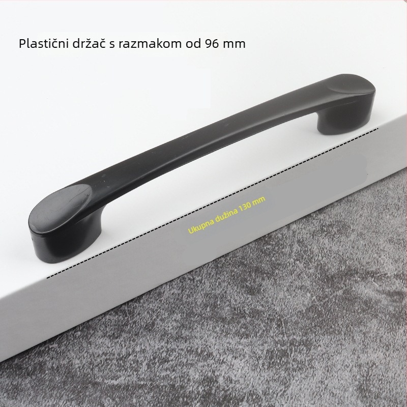 Crna plastična ručka za noćne ormariće, ormariće i garderobe — s dvije rupe, minimalistički dizajn