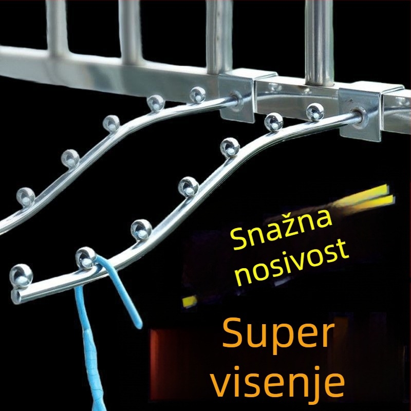 Držač za odjeću sa sedam perli, 25 mm kvadratni cijev, nehrđajući čelik, tri reda kuka, nosivost 3–5 kg