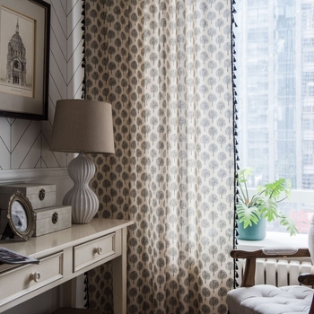 Kuhinjska zavjesa za prozor s printom drveta i resama, pamuk i lan, poluprozirna, montirana na šipku