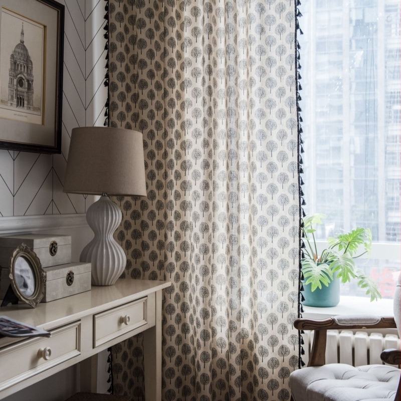 Kuhinjska zavjesa za prozor s printom drveta i resama, pamuk i lan, poluprozirna, montirana na šipku