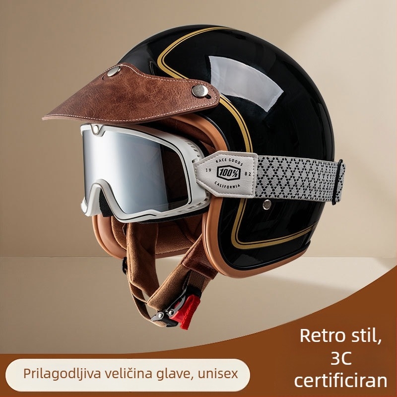 Retro zaštitna kaciga za motocikl s bubble vizirom, 3/4 kaciga za proljeće i ljeto, za skuter i kružne vožnje