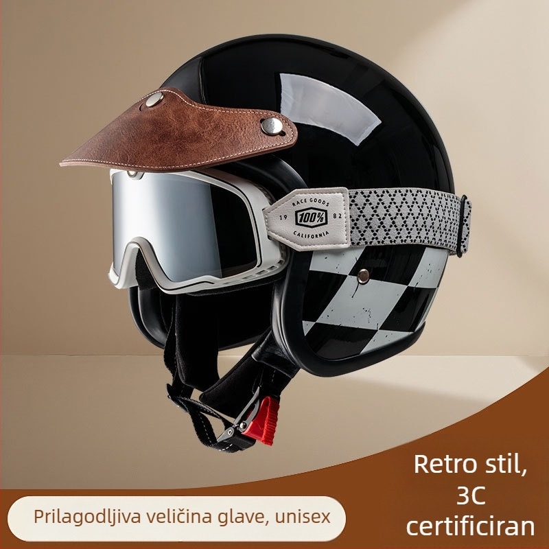 Retro zaštitna kaciga za motocikl s bubble vizirom, 3/4 kaciga za proljeće i ljeto, za skuter i kružne vožnje