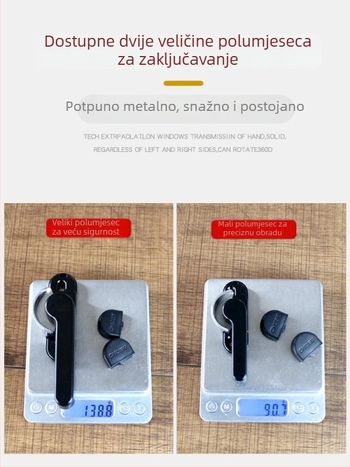 Zaključavajuća kopča za klizna vrata i prozore – polumjesec kuka, aluminijska legura i plastiko-čelična konstrukcija, dodatak