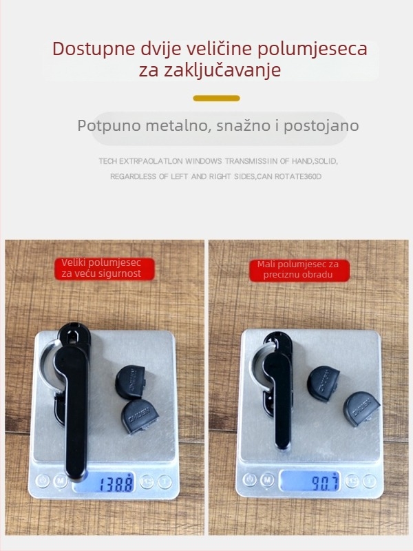 Zaključavajuća kopča za klizna vrata i prozore – polumjesec kuka, aluminijska legura i plastiko-čelična konstrukcija, dodatak