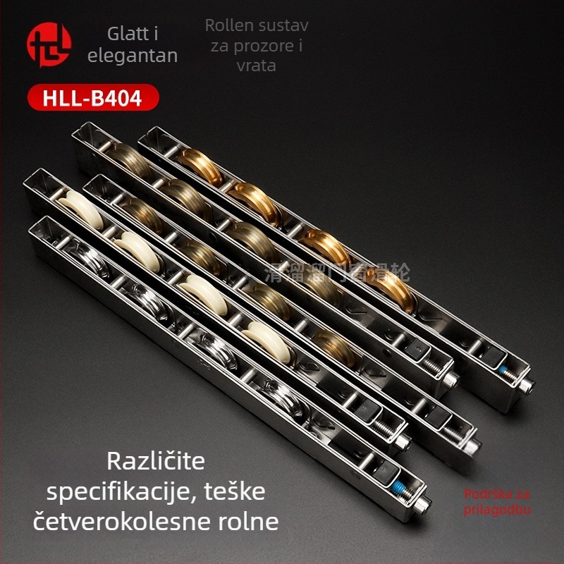 Teška čelična četverokotačna rola za klizna vrata, nehrđajući čelik, model HLL-B404, za termički odvojene aluminijske okvire; pogodno za vrata, prozore i izloge
