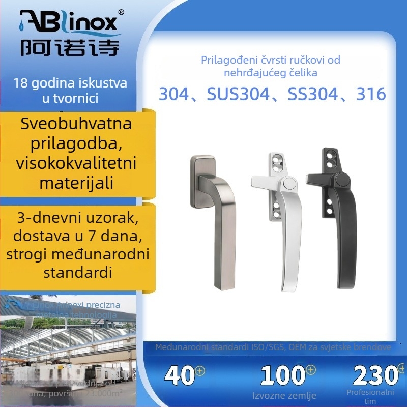 Drška od nehrđajućeg čelika 304 za prozore i vrata; čvrsta, masivna konstrukcija; moderni minimalistički stil; završne površinske obrade: elektroplatiranje, brušenje, poliranje, lasersko graviranje, anodiziranje.