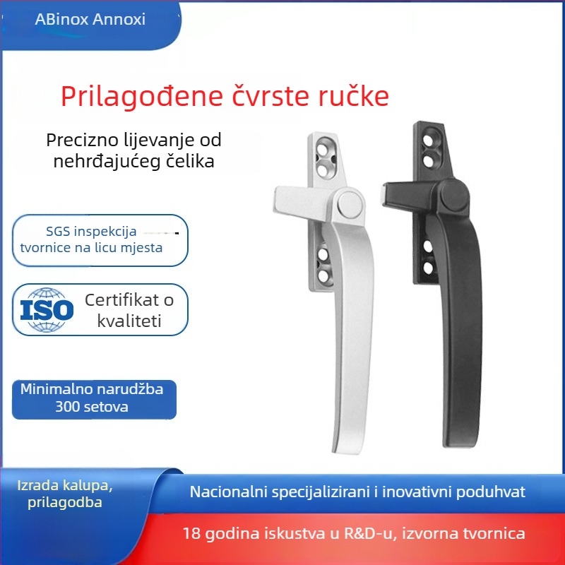 Drška od nehrđajućeg čelika 304 za prozore i vrata; čvrsta, masivna konstrukcija; moderni minimalistički stil; završne površinske obrade: elektroplatiranje, brušenje, poliranje, lasersko graviranje, anodiziranje.
