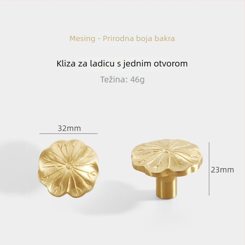 Lotus Leaf mesingana ručka za garderobu i vrata ormara — Model Lotus Leaf; Materijal: mesing; Proces: vučenje žicom; Namjena: garderoba/ladice/vrata