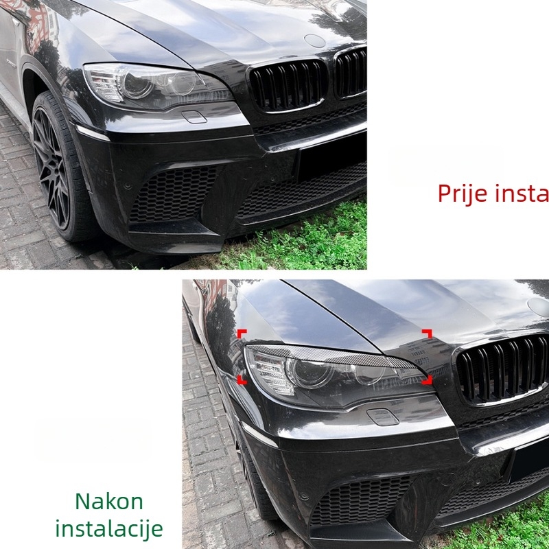 Sticker za karoseriju BMW X6 E71 – obrva prednjih svjetala (2008–2014) – ABS, uzorak crno-ugljeni karbon, samolijepljiva montaža, prilagodljiva obrada