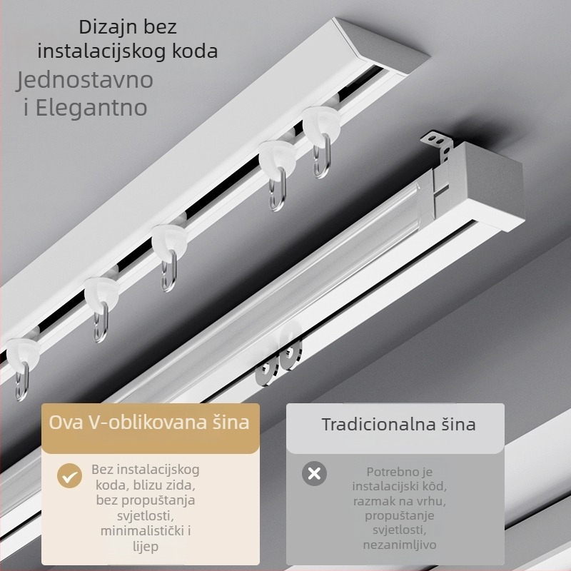 Vodilica zavjesa za erker prozor, ultra-tanka nevidljiva vodilica, aluminijska legura, V-oblik vodilica, dekorativni brtveni kolutici, za zavjese za vješanje, tihi rad