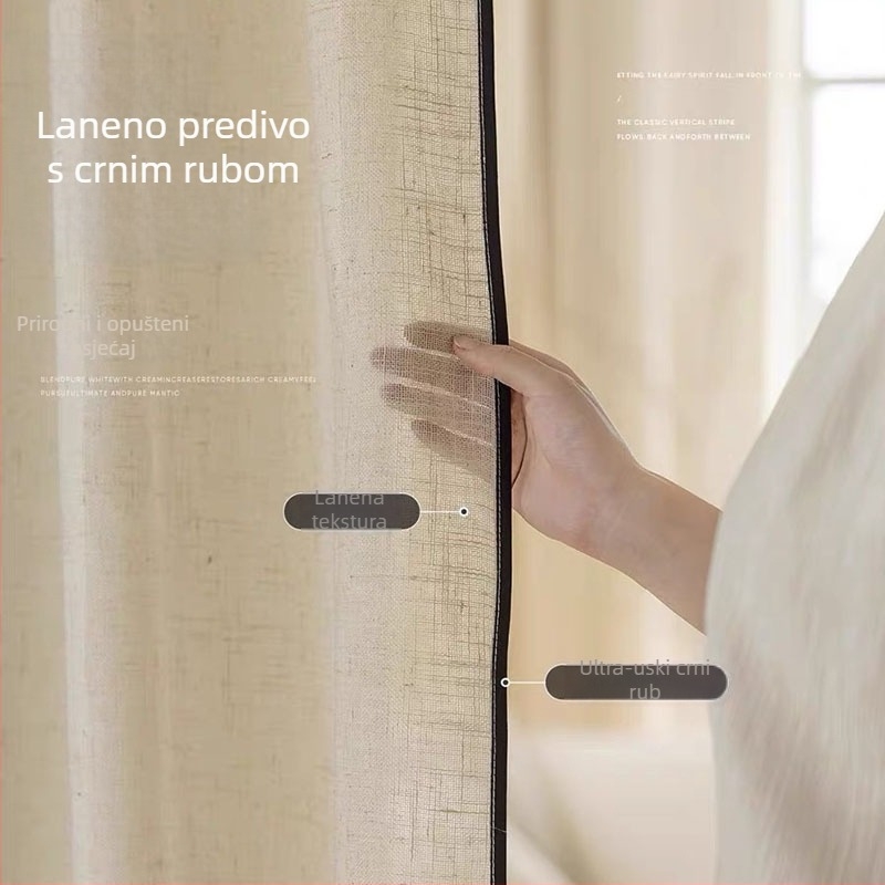 Bež lanene gaze zavjese, prozračne, za dnevni boravak i čajnu sobu, japanski stil, s crnim rubom