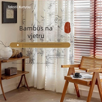 Poliesterska zavjesa za prozor s bambusovom gazom, lišćni uzorak, Novi kineski stil, propušta svjetlo