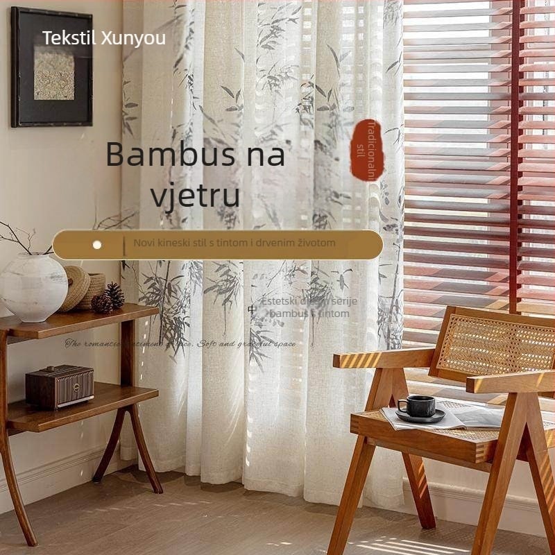 Poliesterska zavjesa za prozor s bambusovom gazom, lišćni uzorak, Novi kineski stil, propušta svjetlo