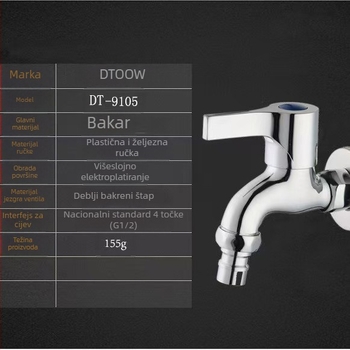 Ventil za perilicu rublja, zidni, bakreni materijal, brzo otvaranje (Radna temperatura: 50°C; Nazivni tlak: do 1,0 MPa; Materijal: bakar; Jezgro ventila: bakreno)