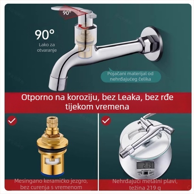 Slavina za servisnu drez, kromirana, djelomično bakrena, spiralno otvaranje, keramički disk ventil, spoj s jednim priključkom