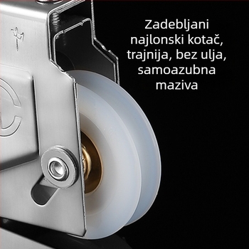 90 kotač za vrata i prozore od aluminijskog legura; kućište od nehrđajućeg čelika, bakreni jezgra, nylon kotač; vanjski promjer 43 mm, promjer osovine 10 mm, nosivost 55 kg