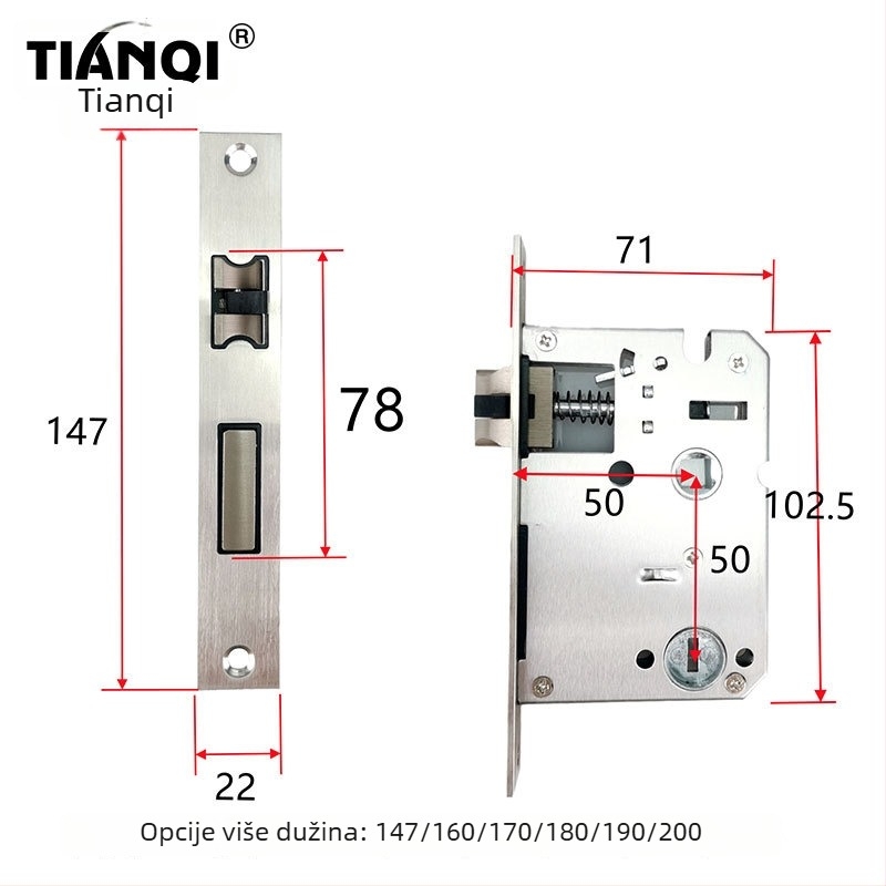 Korpus brave za unutarnja drvena vrata spavaće sobe — kompatibilan s bravom otiska prsta, tiha zamjena čelične prednje ploče, model 5050, nehrđajući čelik i cinkova legura, 0,5 kg