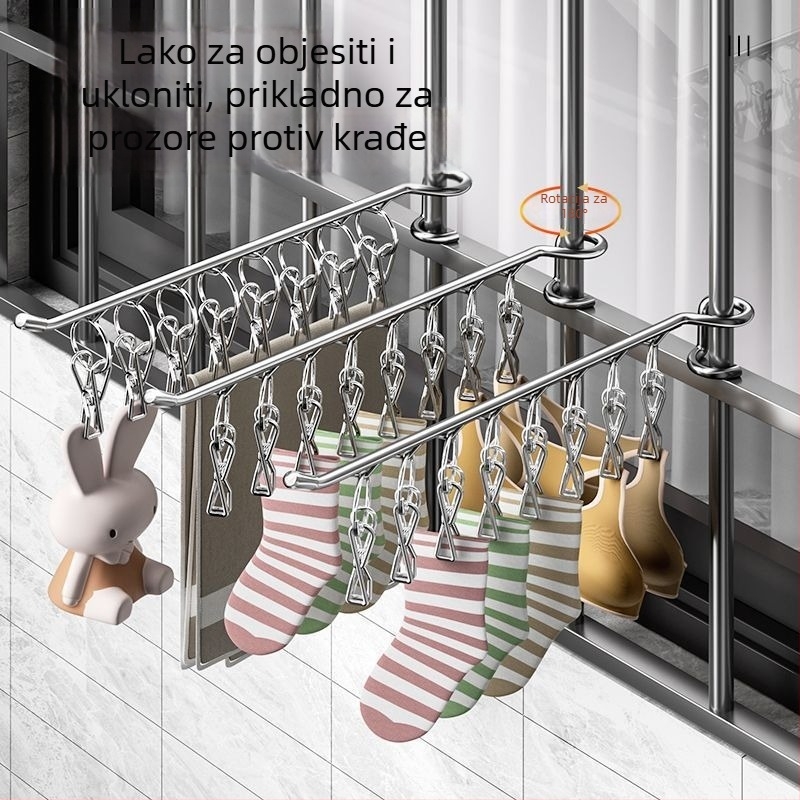 Stalak za sušenje od nehrđajućeg čelika, prijenosni, s jednim štapom i višestrukim klipsama za čarape i donje rublje