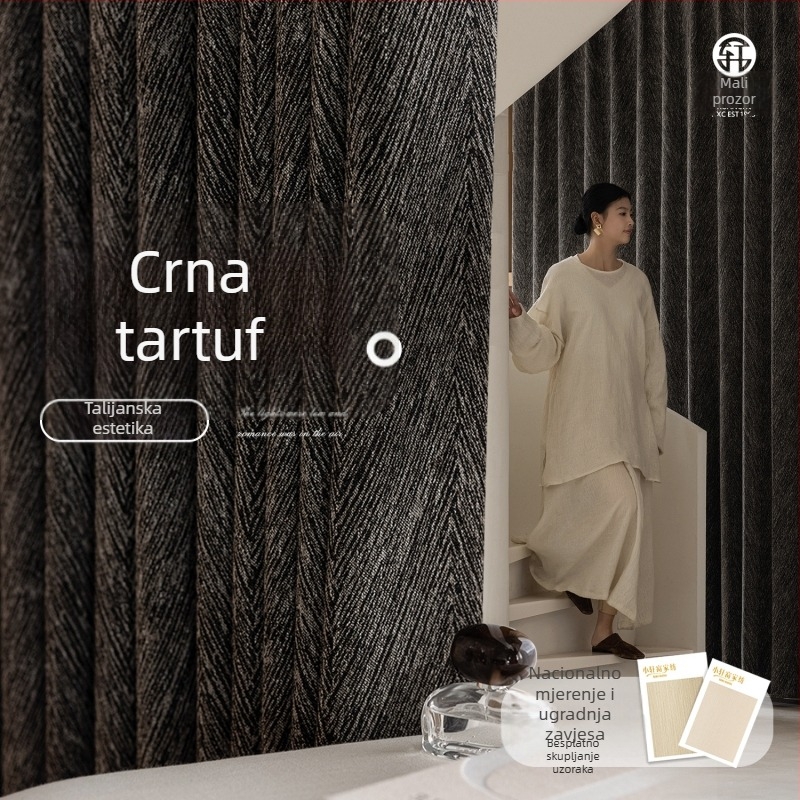 Dvostruka jacquard zavjesa za prozor, poliester, francuski stil, potpuno zatamnjenje 90–100%, model Black Truffle
