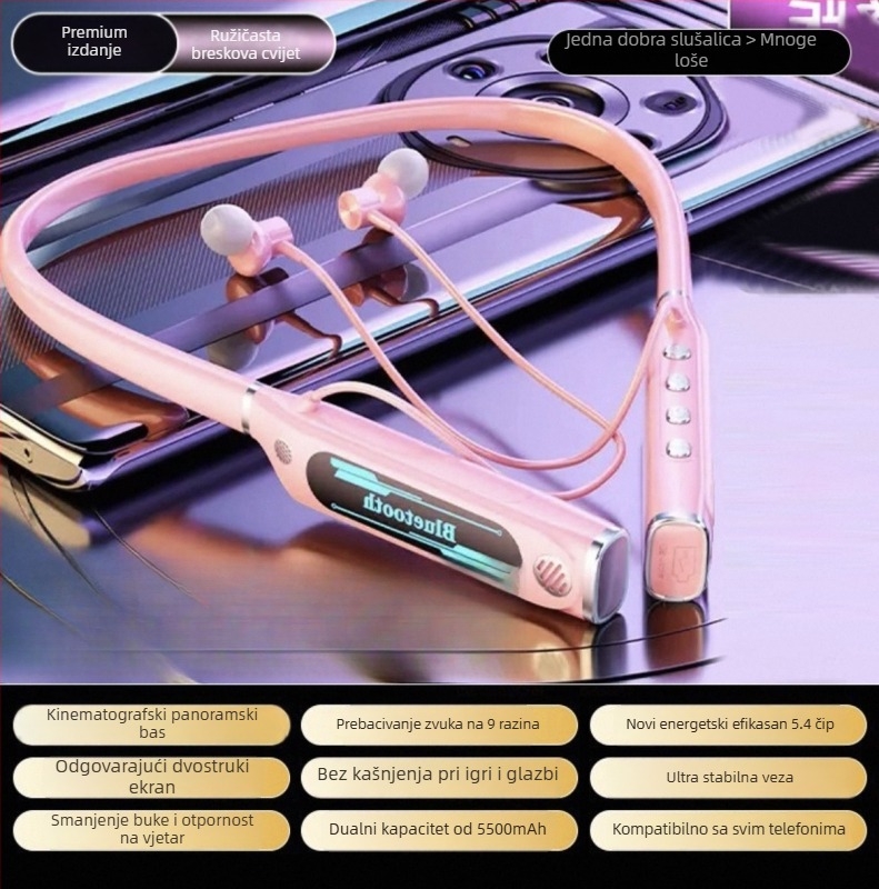 Bežične Bluetooth slušalice s trakom oko vrata — Bluetooth 5.4, doseg 10 m, trajanje baterije više od 8 sati, stereo zvuk, digitalni zaslon