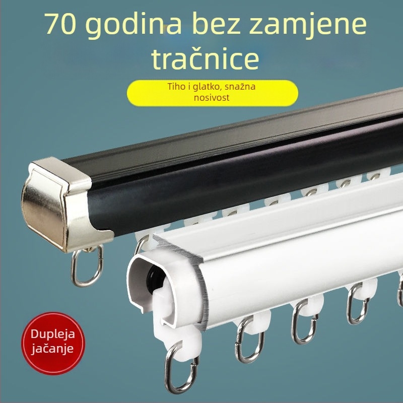 Sustav vodilica za zavjese od aluminijske legure, jednostruka i dvostruka tračnica, bočno gornja montaža kukice, moderan minimalistički stil, prilagodljivo