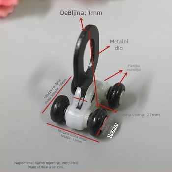 Set kotačića za vodilicu zavjesa s kukicama, četverokutna tračnica, kuglični ležajevi, metalna pločica