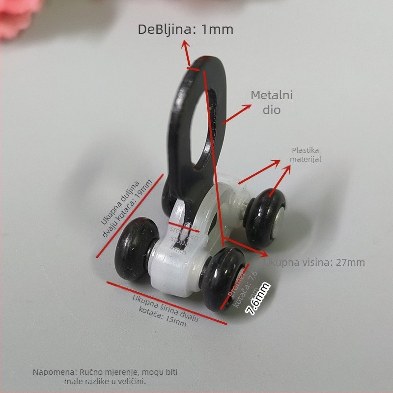 Set kotačića za vodilicu zavjesa s kukicama, četverokutna tračnica, kuglični ležajevi, metalna pločica