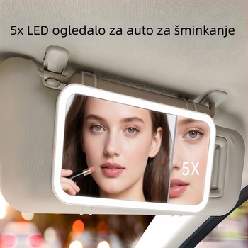 Automobilski LED ogledalo za šminkanje, 5x povećalo, dodirno upravljanje, HD osvjetljenje, ABS okvir, staklena leća