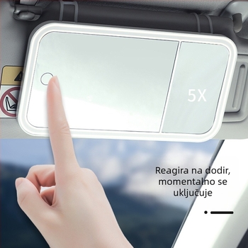Automobilski LED ogledalo za šminkanje, 5x povećalo, dodirno upravljanje, HD osvjetljenje, ABS okvir, staklena leća