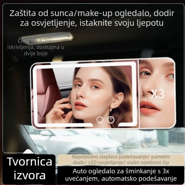 Automobilski LED ogledalo za šminkanje, 5x povećalo, dodirno upravljanje, HD osvjetljenje, ABS okvir, staklena leća