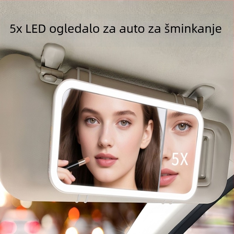 Automobilski LED ogledalo za šminkanje, 5x povećalo, dodirno upravljanje, HD osvjetljenje, ABS okvir, staklena leća