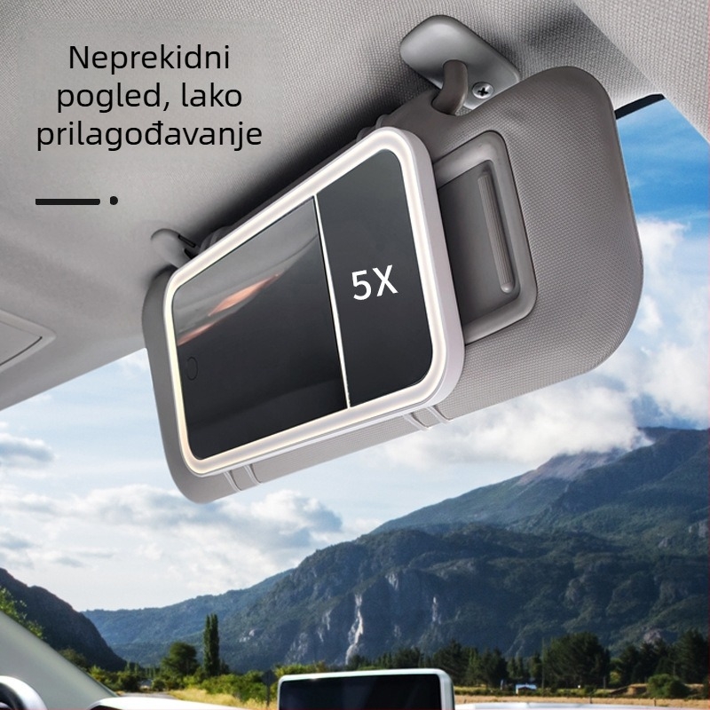 Automobilski LED ogledalo za šminkanje, 5x povećalo, dodirno upravljanje, HD osvjetljenje, ABS okvir, staklena leća