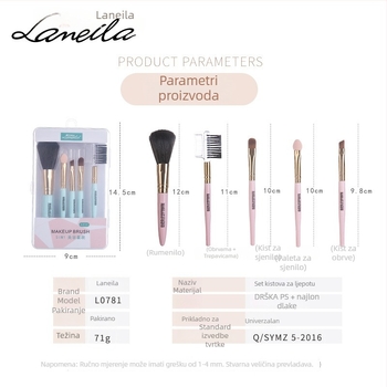 Lamella 5-dijelni set četkica za šminku za sjenilo, trepavice i usne, s valovitim najlonskim dlačicama i plastičnim držalom, prijenosno