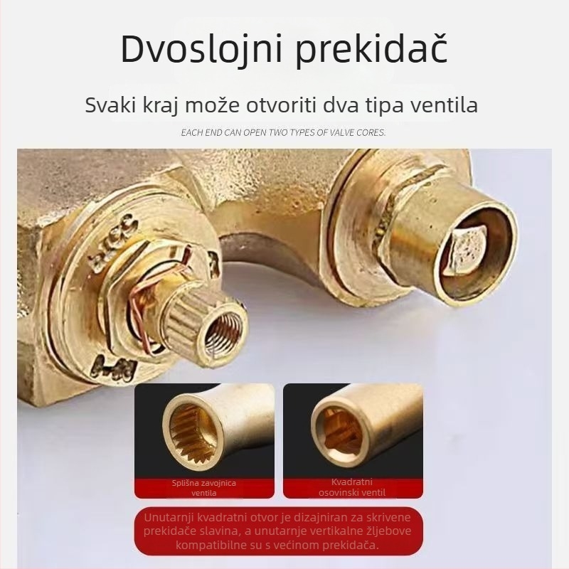 Jezgro ventila vanjske slavine - bakar, dvostruki ključ, četverokutni osovinski, model 666, 360° okret, moderni minimalistički dizajn