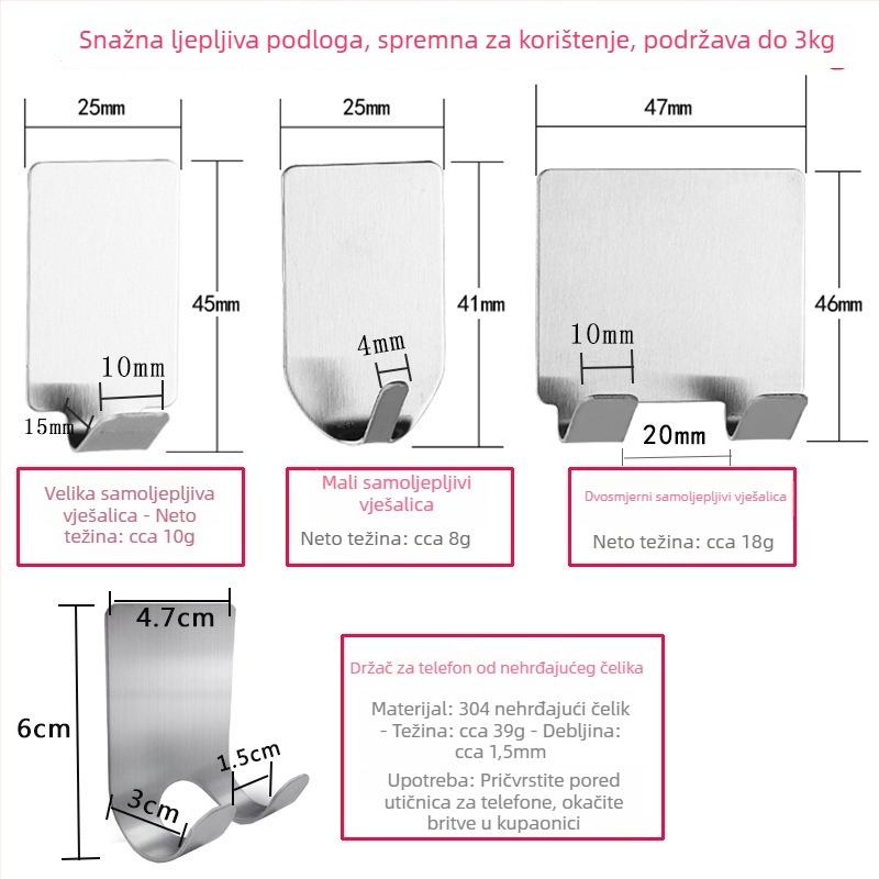 Ljepljiva kuka od nehrđajućeg čelika, zidna, jednokuka, nosivost 0–1 kg