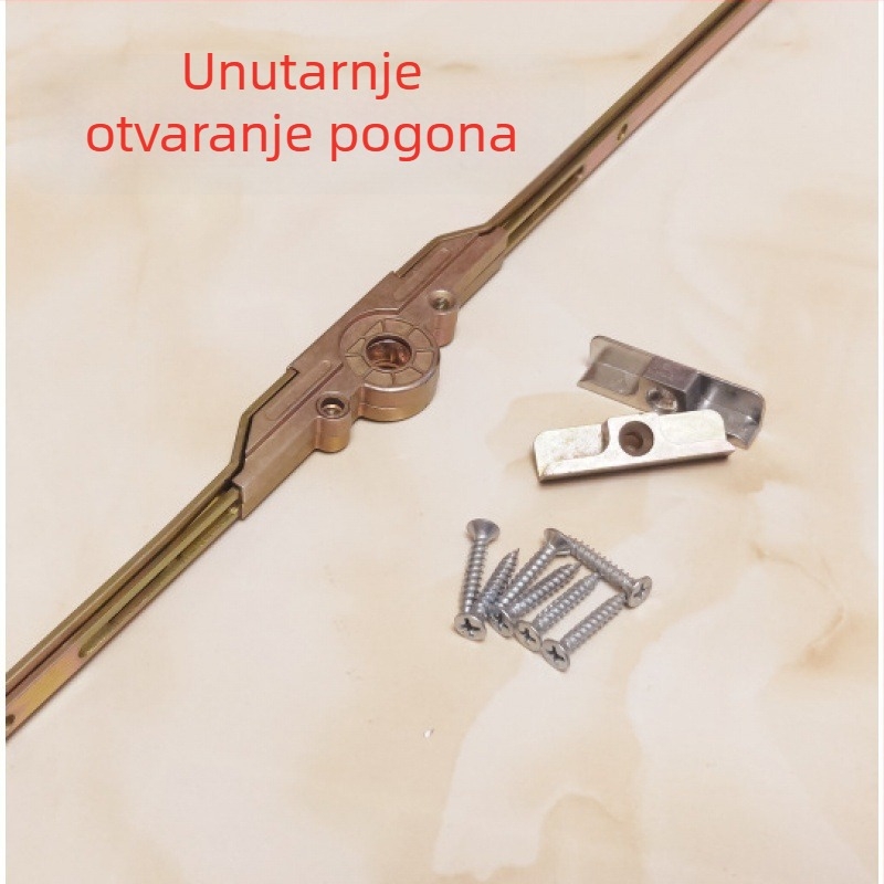 Pribor za prozore od plastiko‑čelika: plosni otvarački aktuator, prijenosna šipka, prijenosni blokirni štap, spojni štap, prozorska brava