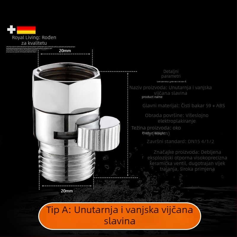 Bakrena tuš glava s ventilom kroz tok, model 4 točke, otvaranje ključem