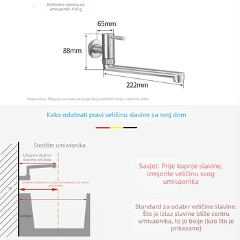 Zidna ugrađena slavina s produženim izlazom, samo hladna voda, 304 nehrđajući čelik, okretna