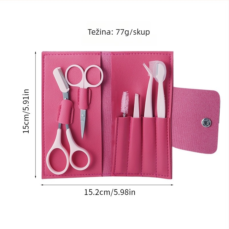 Šestdjelni set za oblikovanje obrva od nehrđajućeg čelika: škare za obrve, nož za obrve, klipsa za obrve, škare za trepavice, četkica za trepavice, prijenosna kožna futrola