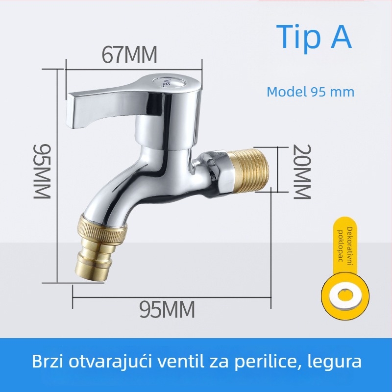 Slavina za perilicu rublja - cinkova legura, keramički jezgreni ventil, zidna okretna instalacija, 4‑točkovni ulaz/izlaz, model 4984516