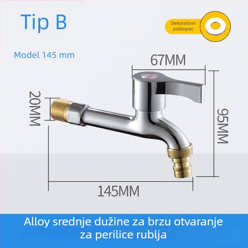Slavina za perilicu rublja - cinkova legura, keramički jezgreni ventil, zidna okretna instalacija, 4‑točkovni ulaz/izlaz, model 4984516