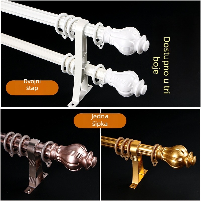 Rimski štap za zavjese od aluminijske legure - Model JM8883, za viseće zavjese, uključuje dekorativnu glavu od aluminijske legure, ABS dekorativnu glavu, aluminijski nosač - Moderan minimalistički stil