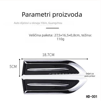 3D naljepnica za karoseriju automobila s dizajnom bočnog otvora za zrak, ABS, HDELF, samoljepljiva ugradnja