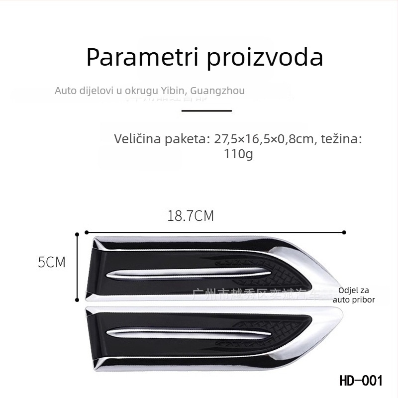 3D naljepnica za karoseriju automobila s dizajnom bočnog otvora za zrak, ABS, HDELF, samoljepljiva ugradnja