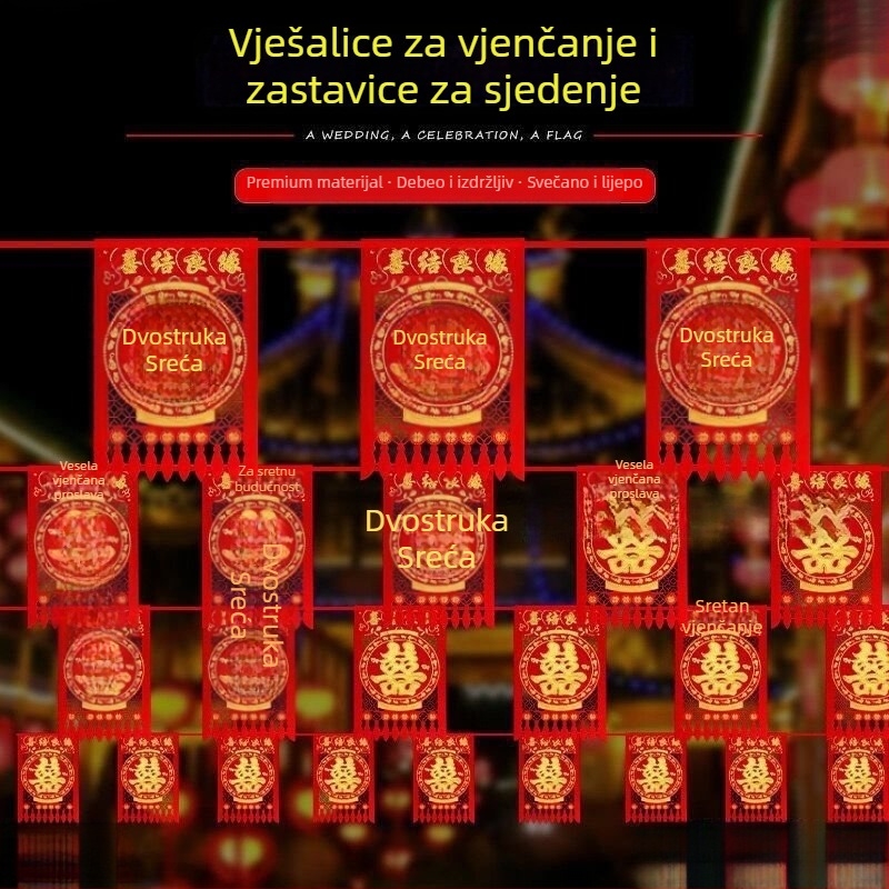 Vjenčane zastavice za girlandu – četvrtaste zastavice, vrpce, vanjska dvorišna dekoracija s motívom Dvostruka Sreća
