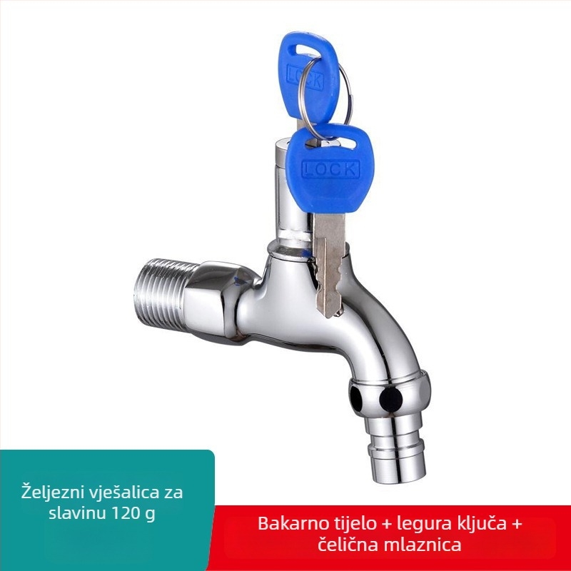 Kran za perilicu rublja s ključem, bakreni, vanjska zidna montaža, 4 priključka, samo hladna voda (0-90°C, 1.0 MPa, 4 priključci)